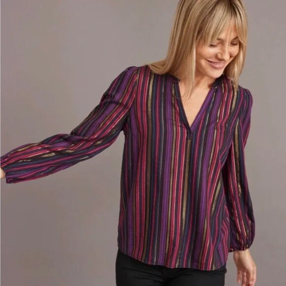 Marine Layer Jamie Blouse Top Banded Collar Popover Lurex Multi Stripe size XS - Picture 1 of 12